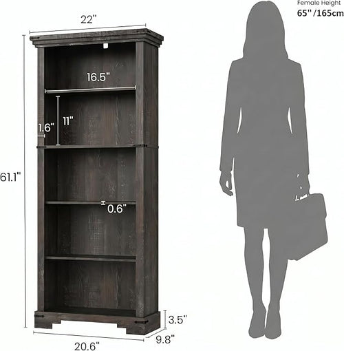 5-Tier Farmhouse Bookshelf, 61.1 inch Tall Bookcase - Image 2