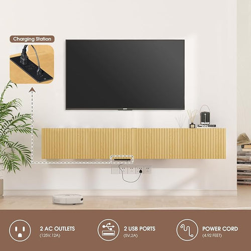 71” Floating TV Stand with LED Lights & Charging Station, Wall Mounted - Image 2