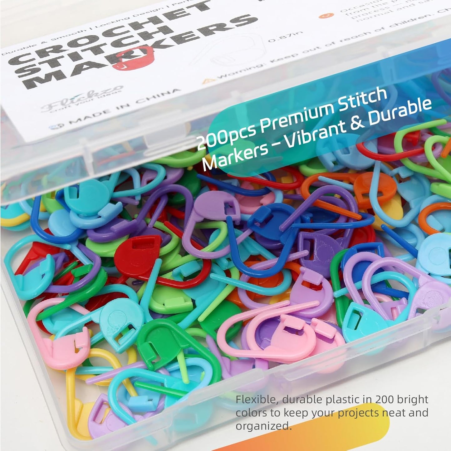 200PCS Crochet Stitch Markers with 12 Needles by Flickzo – Locking Stitch Markers with Clear Case, Colorful Plastic Safety Pins for Knitting & Crochet Accessories Supplies