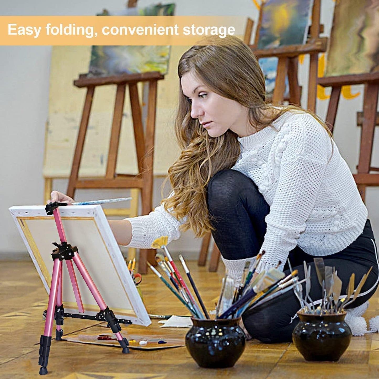 RRFTOK Artist Easel Stand, Aluminum Metal Adjustable Easel for Painting Canvases Height from 17 to 66 Inch,Carry Bag for Table-Top/Floor Drawing and Displaying(Pink)