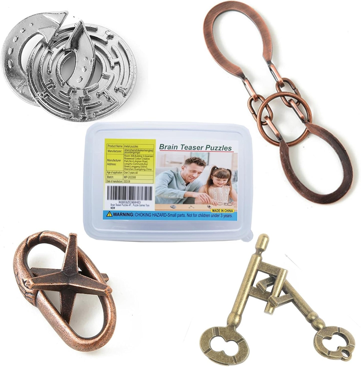 Brain Teaser Puzzles with Plastic Box,4 Pieces Metal Cast Puzzle Games Toys for Kids and Adults IQ Test,IQ Educational Box for Teens