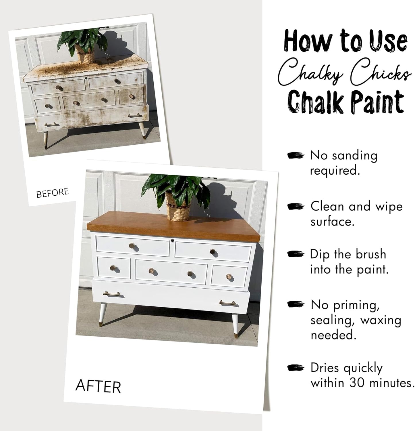 Chalky Chicks All-in-One Chalk Paint for Furniture or Cabinet - 32 Fl Oz - Matte Finish CottonTail White for Metal, Wood Furniture Paint - No Sanding All-in-One for Home Decor & Crafts, USA Made