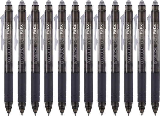 ParKoo Retractable Erasable Gel Pens Clicker Fine Point 0.7 mm, No Need for White Out, Black Ink for Completing Sudoku and Crossword Puzzles, 12-pack