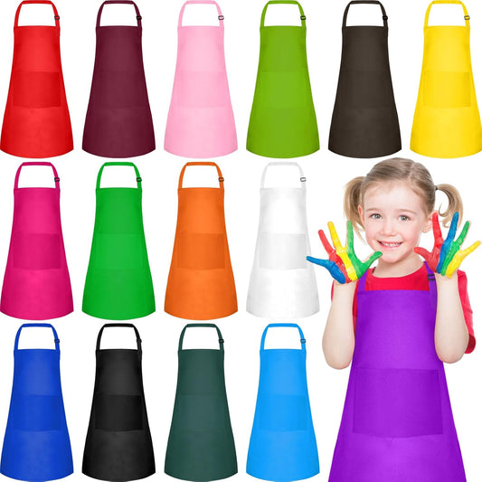 PLULON 18 Pcs Kids Apron Set Adjustable Children Art Aprons Bulk with 2 Pockets Artist Apron for Baking Painting Cooking Activity, Multicolor