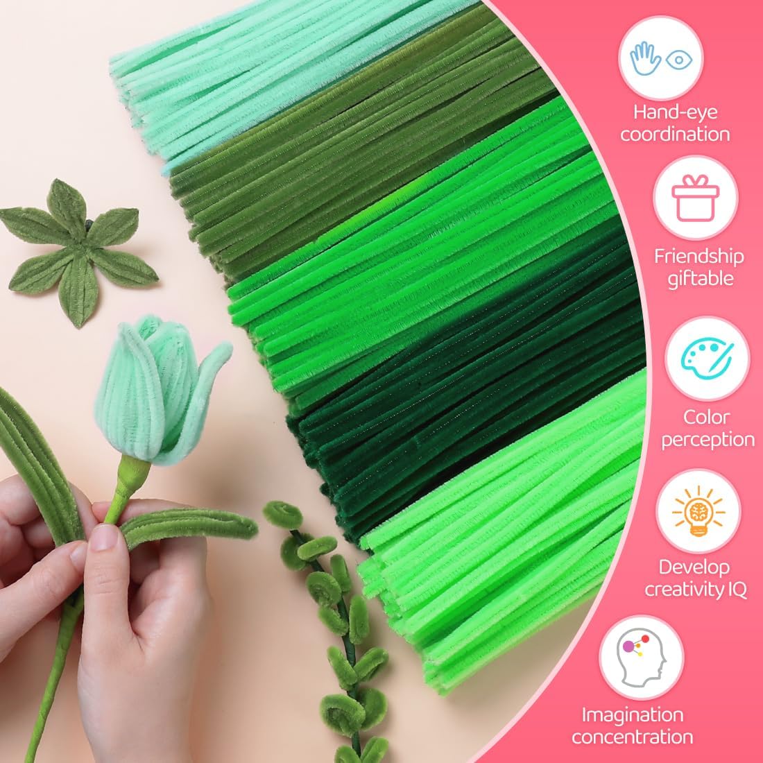 IOOLEEM Green Pipe Cleaners,500pcs in 5 Colors, Chenille Stems for Art and Craft Projects, Flower DIY Decorations