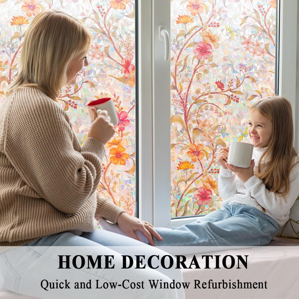 Stained Glass Window Film Static Cling Door Privacy Film Decorative Flowers Red Leaves Window Decals Stickers Heat Control Anti UV for Home and Office,23.6 inches by 78.7 inches