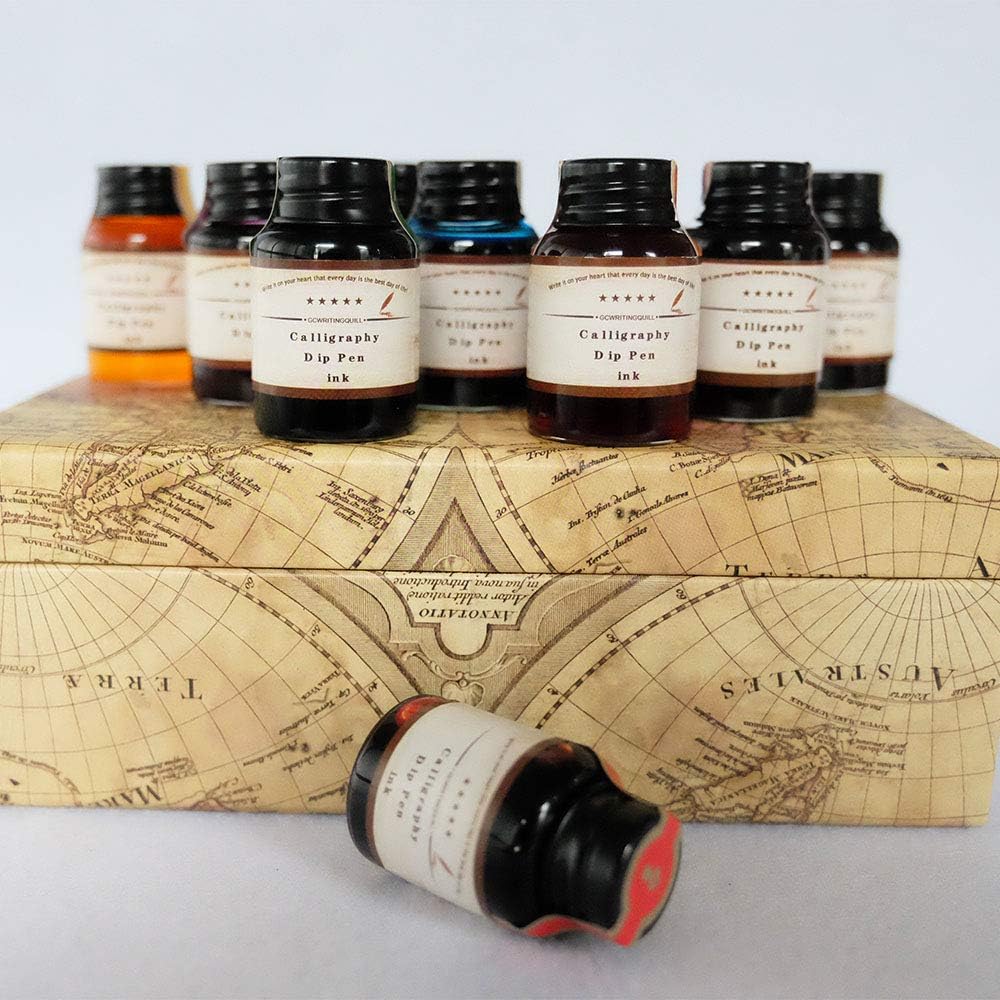 GC QUILL Dip Pen Ink, 10 Colors Fountain Dip Pen Ink Set Non-Carbon Drawing Writing Art Craft Dip Inks Bottles, 20cc Bottle 10 Colors Set LL-710