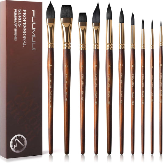 Watercolor Brushes Professional, Fuumuui 10Pcs Synthetic Squirrel Hair Water Color Paint Brush Set for Artists - Flat, Round Pointed, Dagger, Cats Tongue Oval Wash for Watercolor Gouache Inks Painting