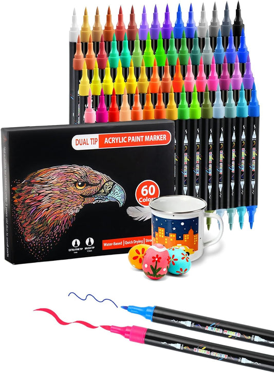 60 Colors Acrylic Paint Markers, Dual Tip Acrylic Paint Pens with Brush and Fine Tips for Kids, Adults, Wood, Canvas, Stone, Rock Painting, Glass, Ceramic Surfaces, DIY Crafts Making