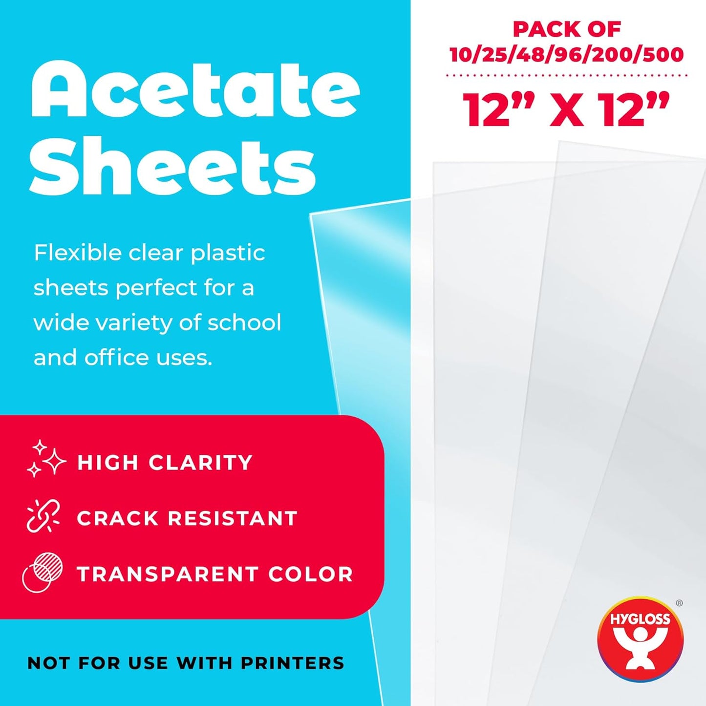 Hygloss 12" x 12" Acetate Paper - 7 Mil Clear Acetate Sheets for Crafts Projects, Cricut Stencil Sheets, Classroom Stencil Sheets, Reusable Transparent Clear Plastic Sheet (Not for Printers) 500 Pack