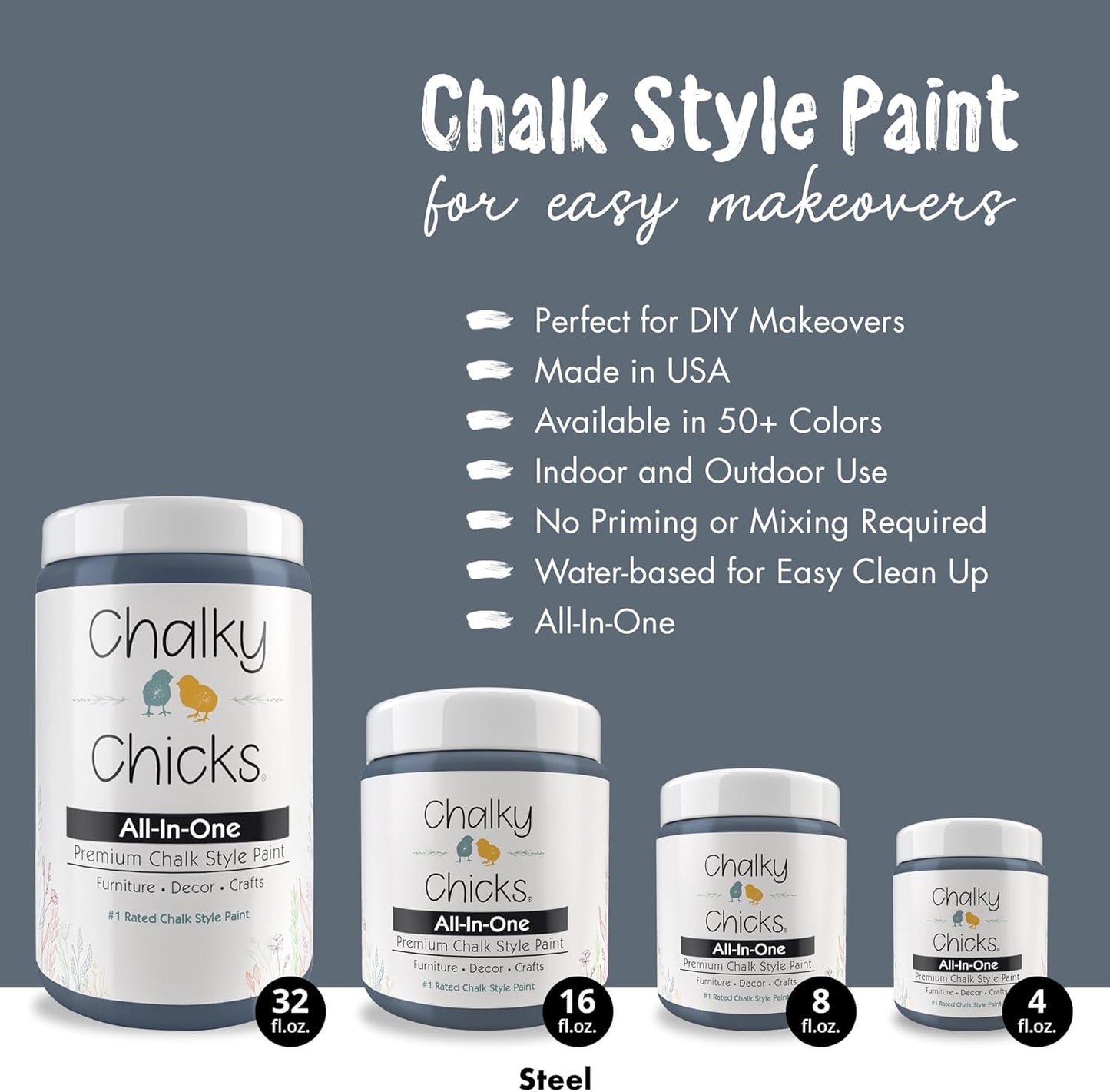 Chalky Chicks All-in-One Chalk Paint for Furniture or Cabinet - 4 Fl Oz - Matte Finish Blue Steel (Blue Gray) for Metal, Wood Furniture Paint - No Sanding All-in-One for Home Decor & Crafts, USA Made