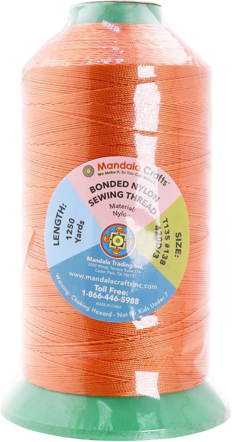 Mandala Crafts Bonded Nylon Thread Orange Heavy Duty Sewing Threads - 1250 YDs Size 138 420D T135 Tex 135 Thread for Leather Jeans Weaving Outdoor Marine Upholstery Threads