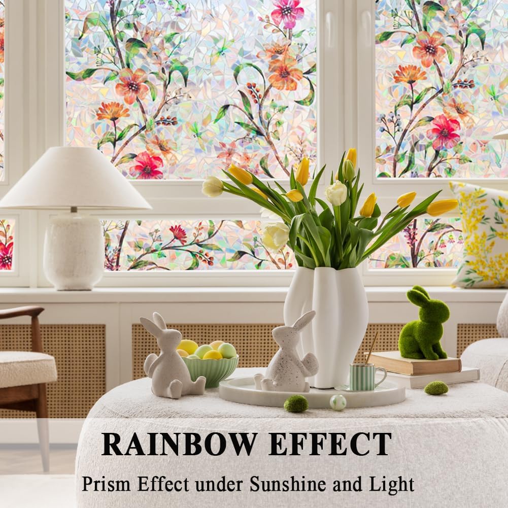 Stained Glass Window Film Static Cling Door Privacy Film Decorative Flowers Green Leaves Window Decals Stickers Heat Control Anti UV for Home and Office,35 inches by 157 inches