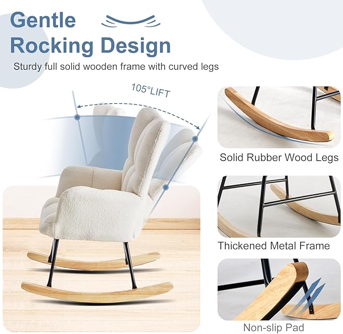 DUMOS Rocking Chair with High Backrest, Nursery Teddy Upholstered Indoor - Image 7