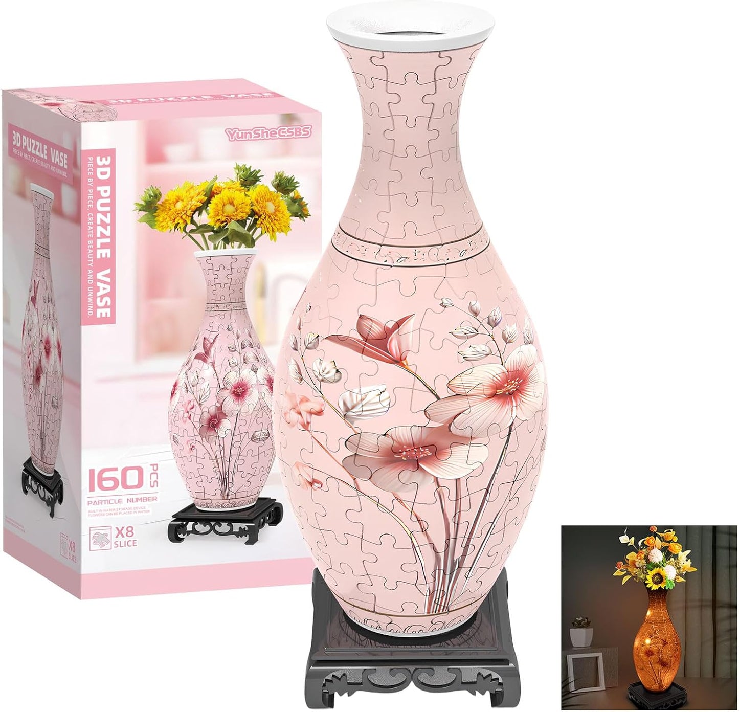 3D Puzzles Vase for Adults, Birthday Gifts for Women, 160 Pieces Plastic DIY Unique Flower Vase with LED Light, Crafts for Adults House Warming Gift for Flower Arrangements and Home Decor (Pink)