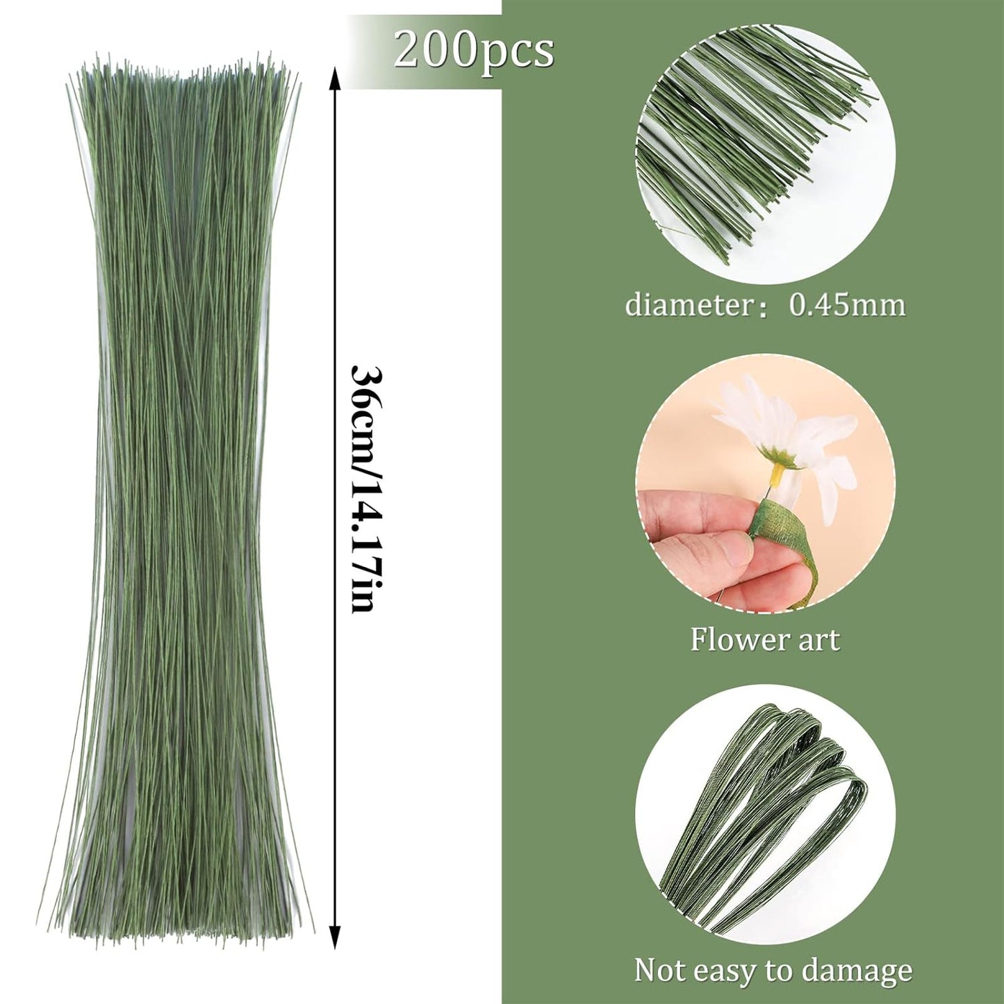 200 Pcs Floral Wire 26 Gauge Crafts Florist Green Floral Wire for Crafts Bouquet Stem Wreath Making Flower Arrangement Supplies (Green,14 Inch)