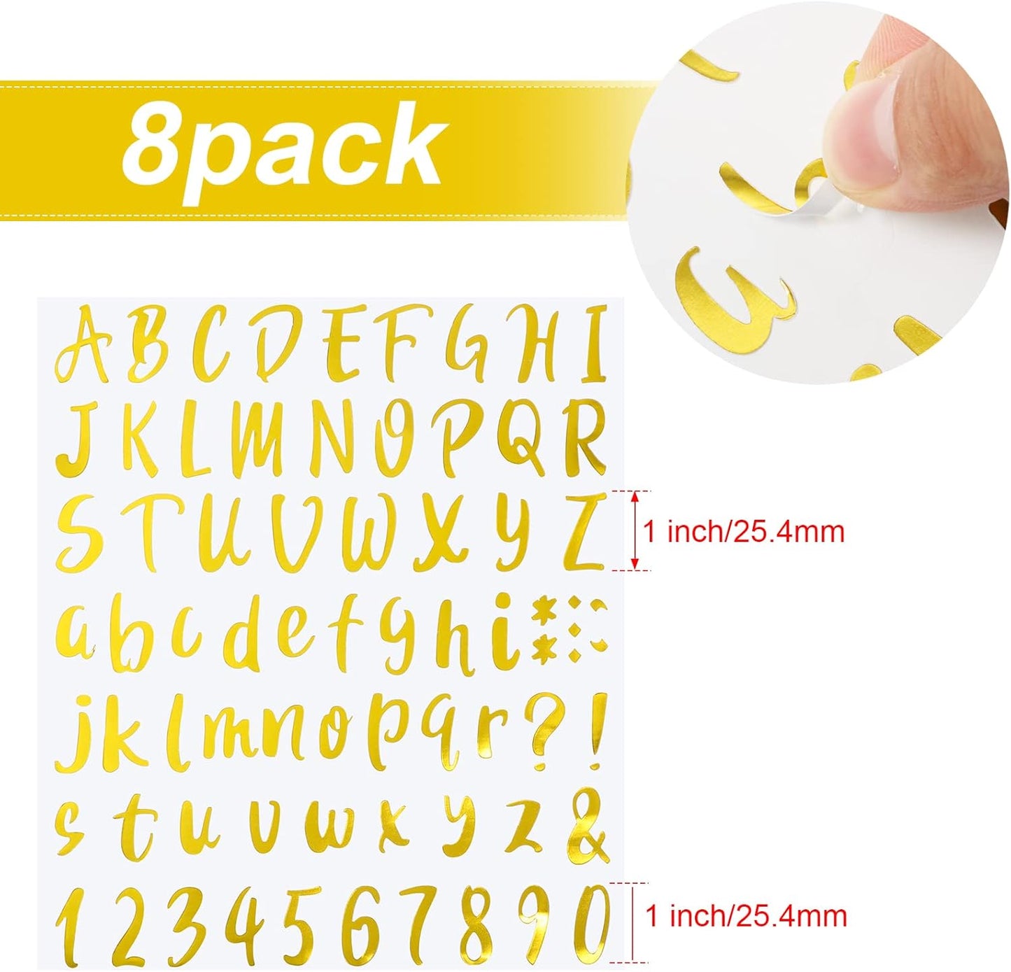 Outus 576 Pieces 8 Sheets Letters Stickers Self Adhesive Vinyl Letter Alphabet Number Stickers Mailbox Numbers Sticker, Decals for Classroom Decor, Sign, Door(Gold,1 Inch)