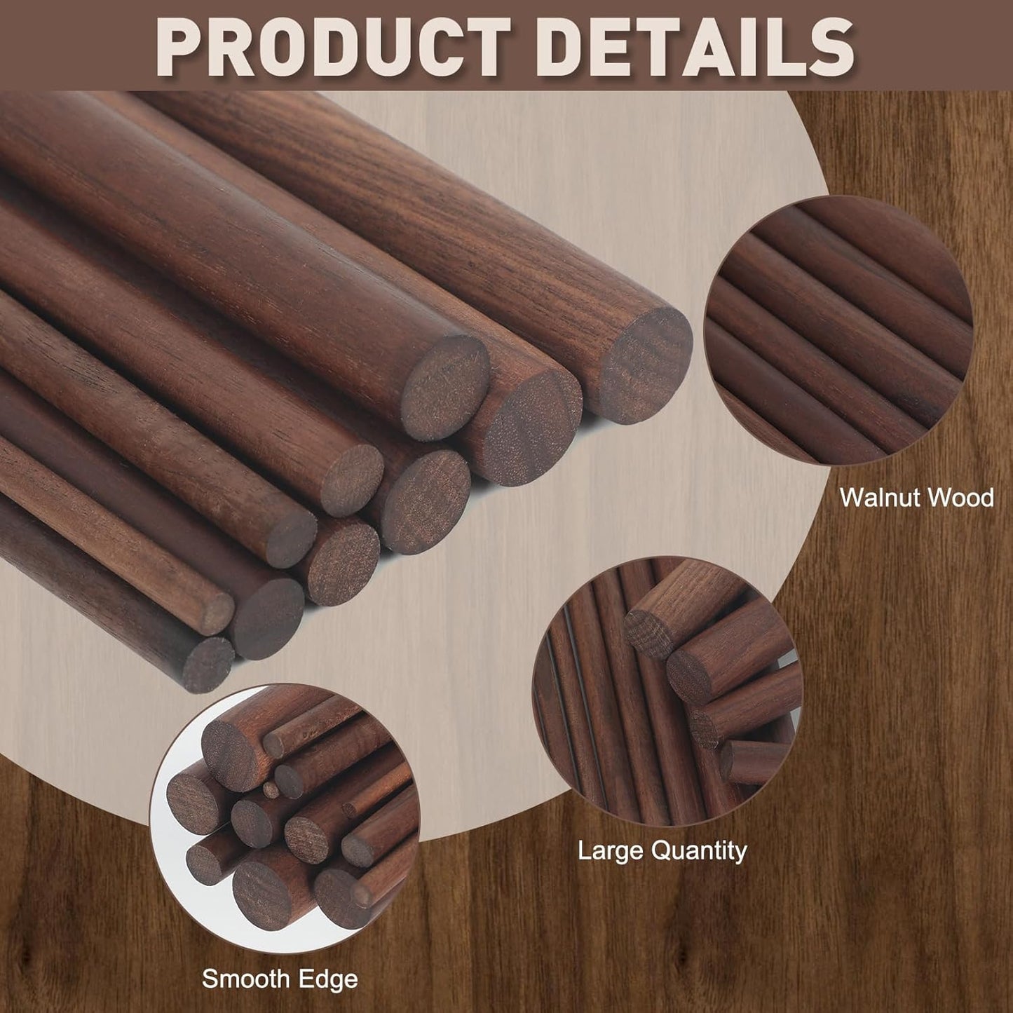 32Pcs 7 Size Walnut Wooden Dowel Rods 11.8 Inch Long Wooden Dowel Rods Sticks 4/6/8/10/12/15/18mm Wood Sticks for Crafts Unfinished Round Sticks for Crafts and Woodworking Building Material