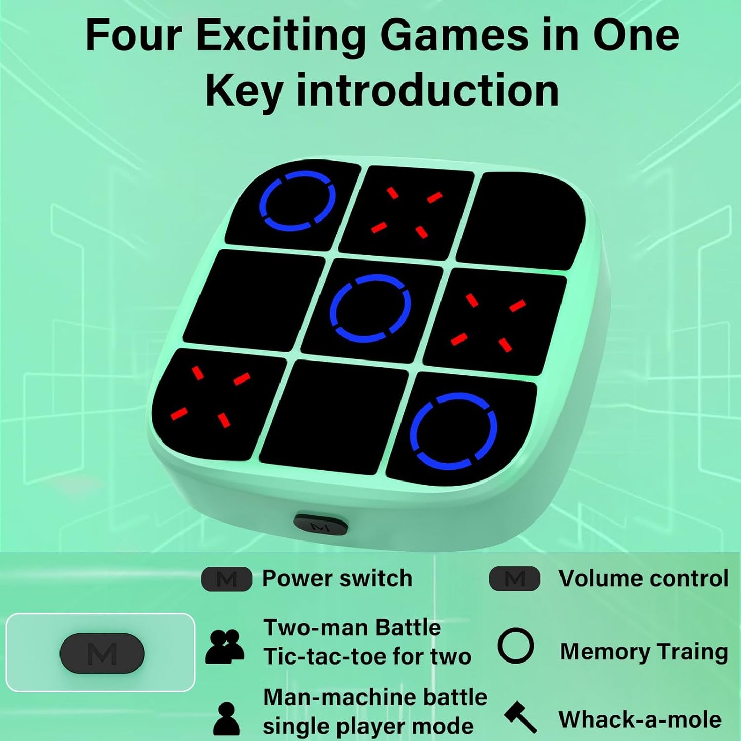 Tic-Tac-Toe Bolt Game, 4-in-1 Handheld Puzzle Games Console, Electronic Tic-Tac-Toe Game for Educational and Memory Growth, Portable Travel Games for Car Ride, Board Games for Kids and Adults (Cyan)
