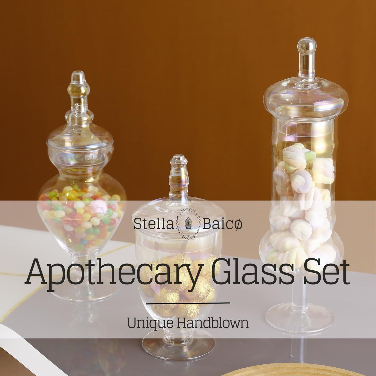 Stella Baic Set of 3 Iridescent Apothecary Jars with Lids, Glass Candy Jars for Candy Buffet, Decorative Jars for Display, Party and Wedding