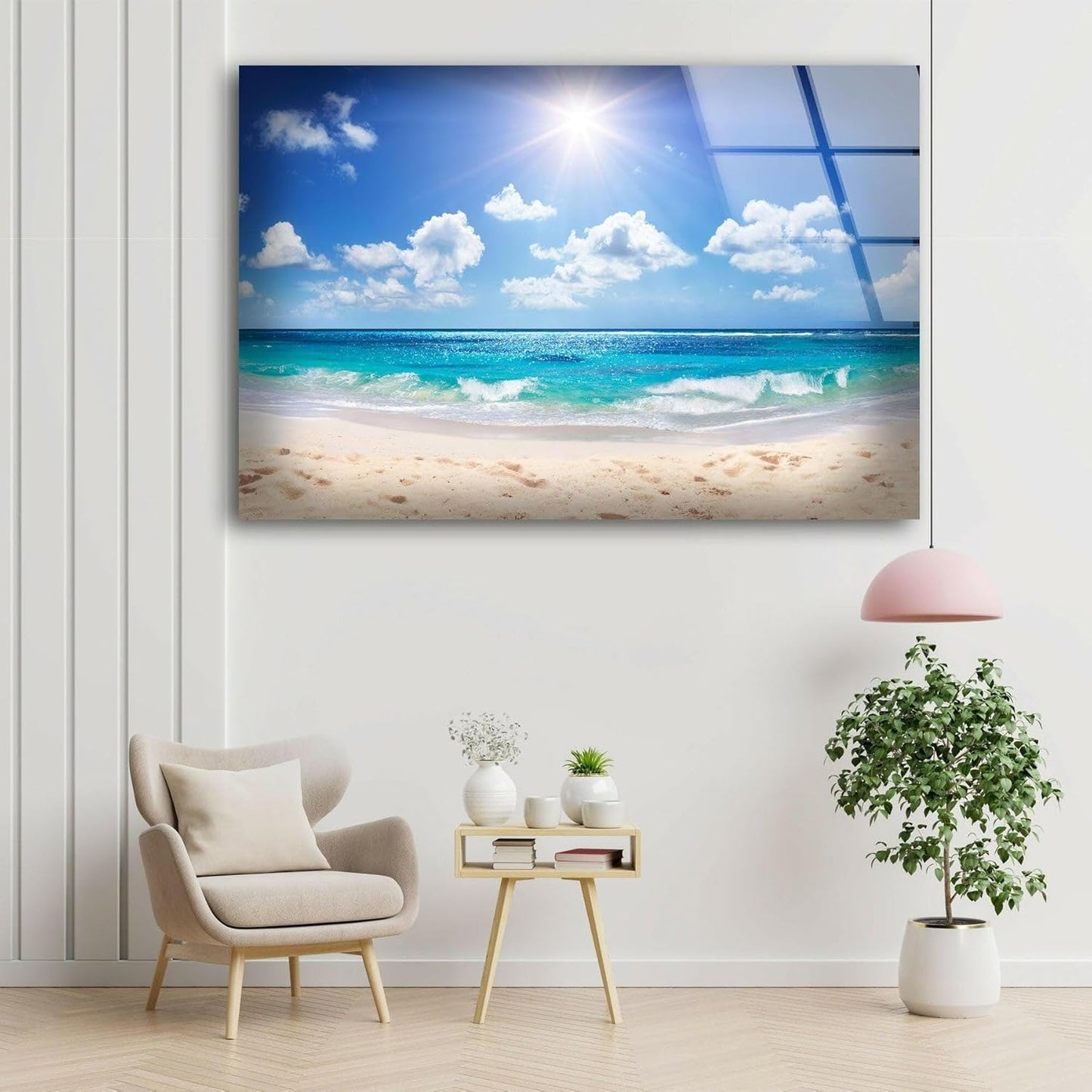 My Photostation.com 48Wx32H'' Summer Beach Landscape Glass Wall ArtTempered Glass Printing Wall Decor Large Wall Art Wall Hangings
