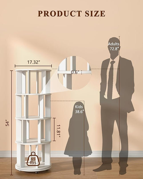 4-Tier Solid Wood Rotating Bookshelf on Wheels, 360° Spinning Book Shelf Tower - Image 2