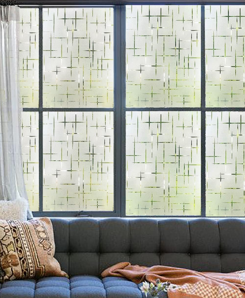 NINETREX Frosted Window Privacy Film,Window Cling Privacy Film, Decorative Glass Static Cling Non-Adhesive Vinyl Removable for Home Office Cross Pattern,29.5 x 78.7Inches