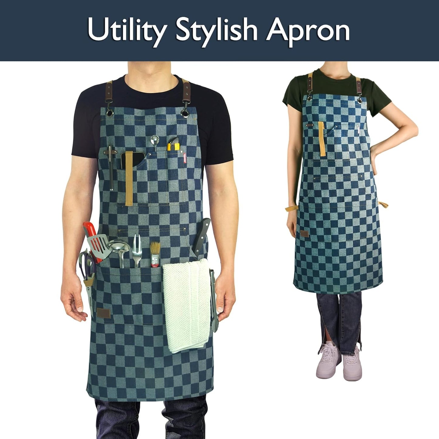 Kitchen Apron, Work Apron, Canvas, Multiple Pockets, Gardening, Painting, BBQ, Artist, Carpenter, Sizes M to XXL, Checkered Denim