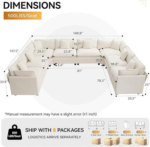 147'' Oversized U Shaped Cloud Sectional Sofa, Chenille Deep Seat Couches - Image 2