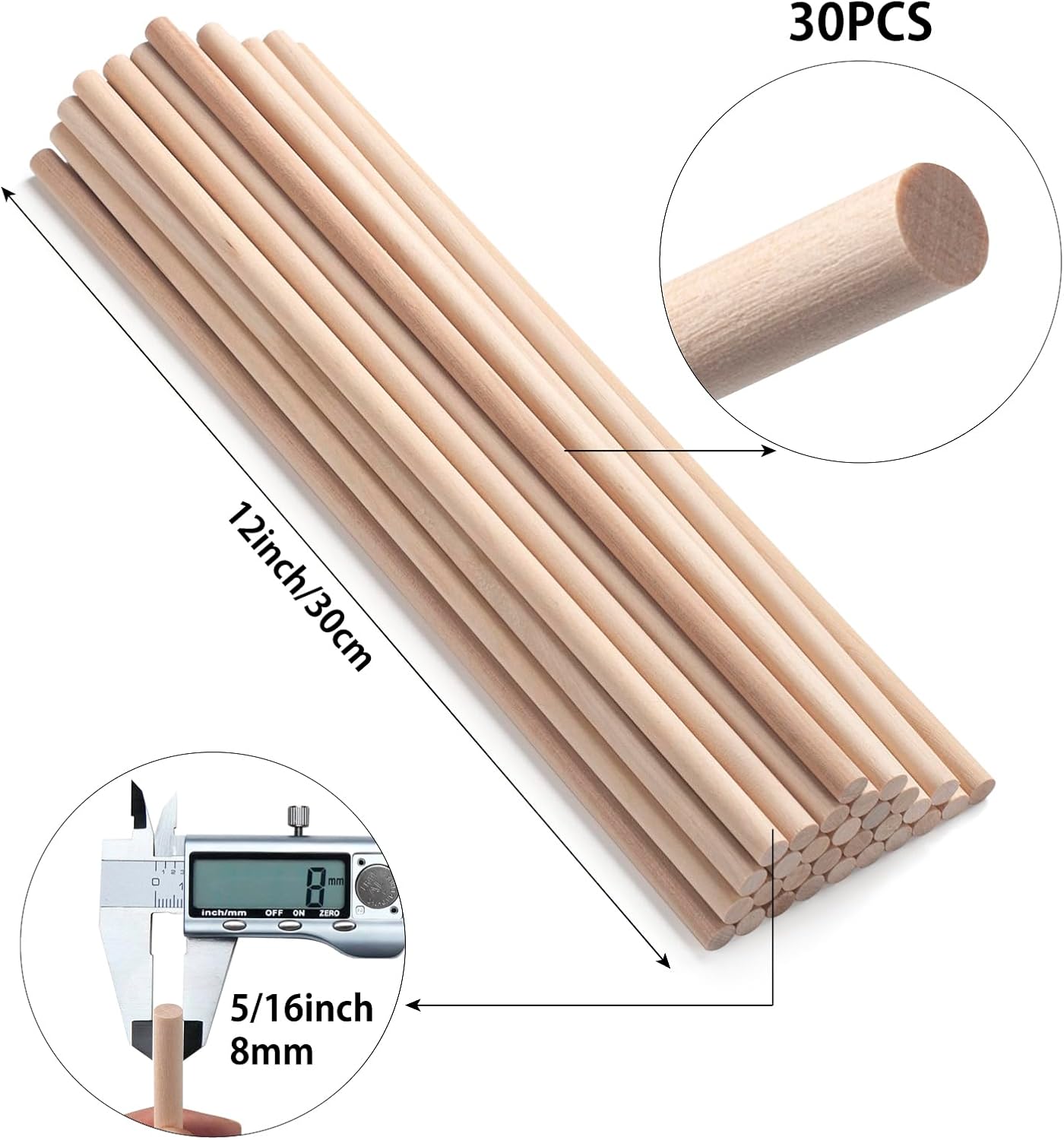 Wooden Dowel Rods Wood Dowels for Crafts,30 PCS 5/16 x 12 Wooden Sticks for Crafts, Round Macrame Dowels, Unfinished Hard Wood Sticks for Crafting, Arts and DIYers, Crafting, Tiered Cake Support