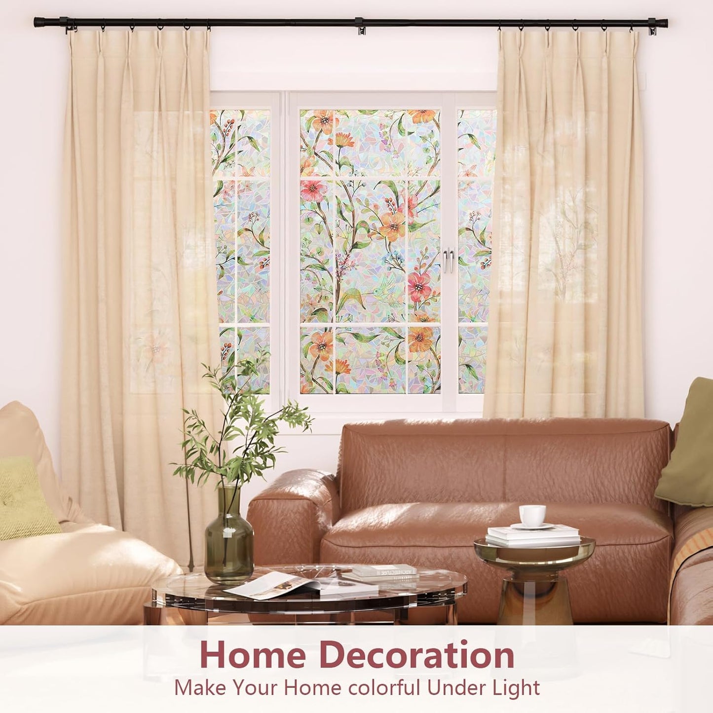NINETREX Window Privacy Film,Stained Glass Window Film,Rainbow Decorative Stickers Static Cling Anti UV Heat Control for Home Decor (Galsang Flower,17.5 x 157.4inch)
