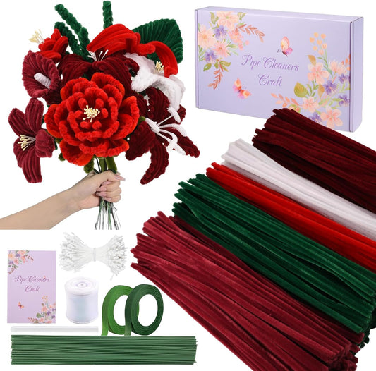 LansinLife 400 Pcs Pipe Cleaners Craft Set, 5 Assorted Red Pipe Cleaners Bulk, Chenille Stems for DIY Flower Making Kit with Floral Stems, Gardening Tape, Stamen, Ribbon for DIY Bouquet Gift (Red)