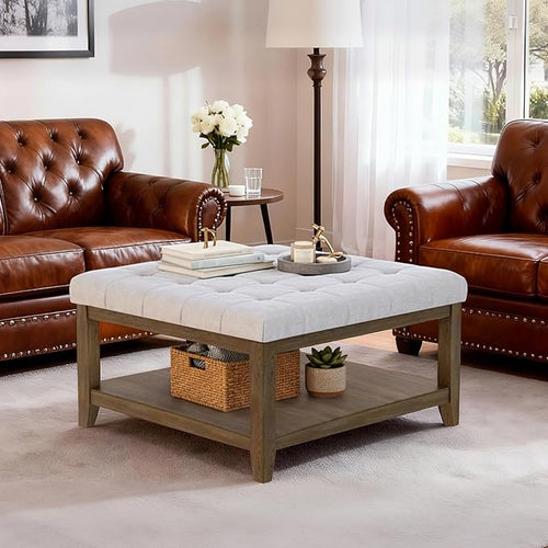 ABHENG 31.5” Large Square Storage Ottoman, Upholstery Solid Rubberwood Coffee by Liveinacomfortablehome