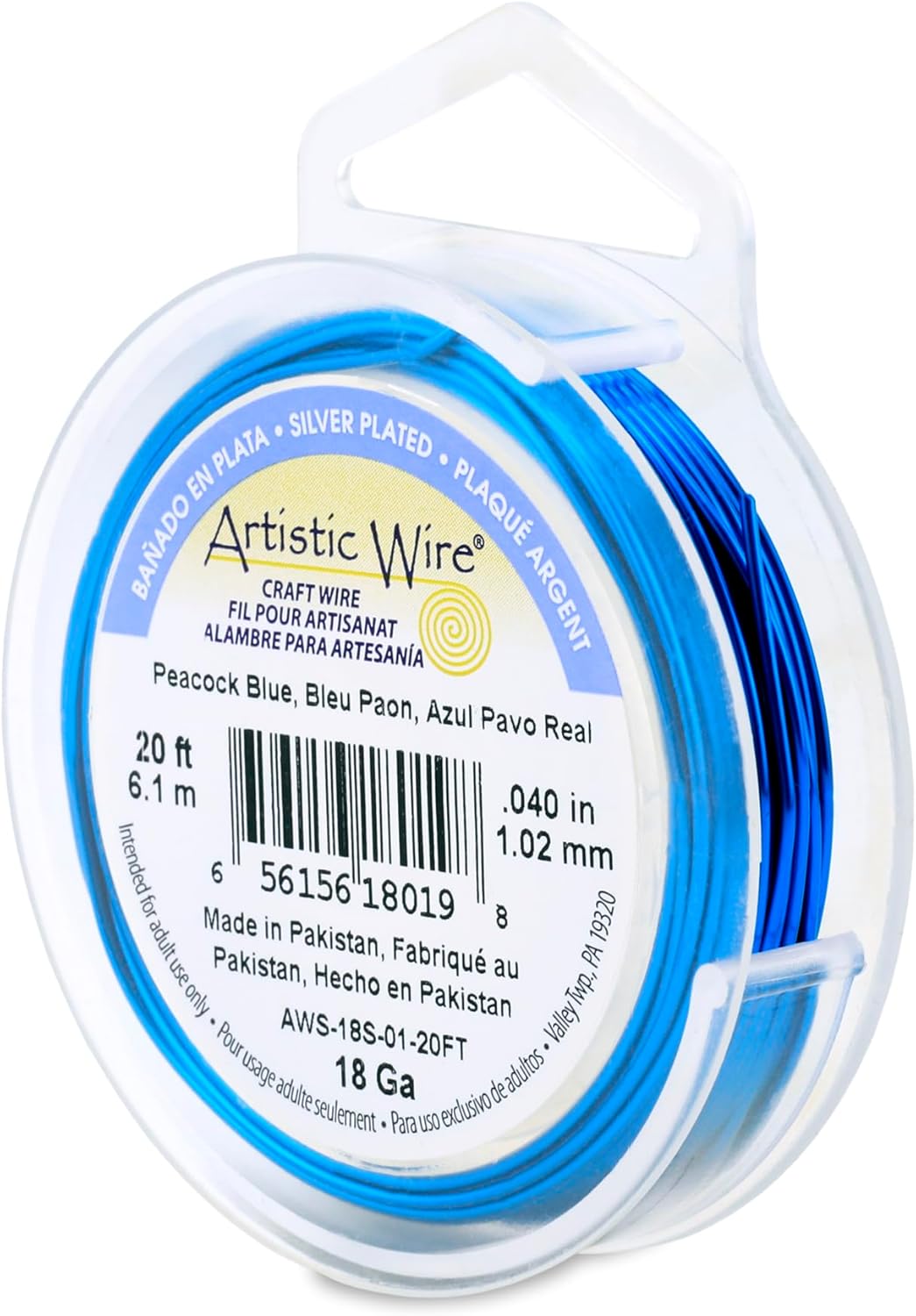 Artistic Wire, 18 Gauge Silver Plated Tarnish Resistant Colored Copper Craft Wire, Peacock Blue, 20 ft