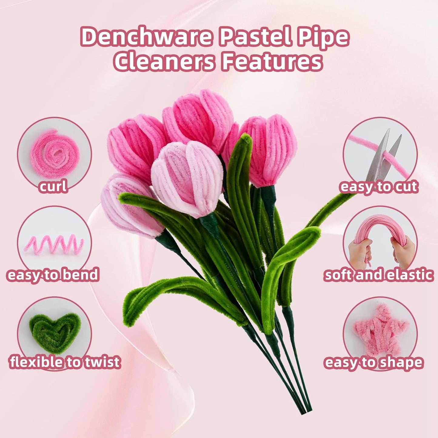 400 Pcs Thick Pipe Cleaners Craft,4 Assorted Colors Pipe Cleaners Bulk,Chenille Stems for DIY Art Project,Pipe Cleaner Flowers Kit(Pink)