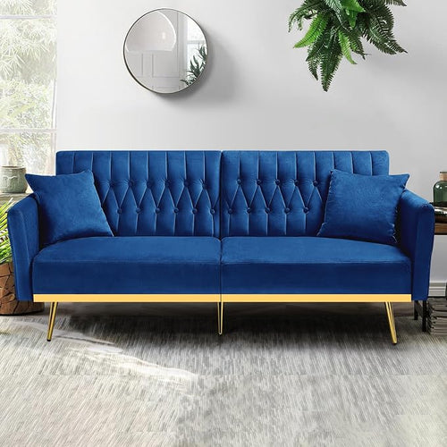 70” Velvet Futon Sofa Bed w/Adjustable Armrests and Backrest, Convertible Futon - Image 2