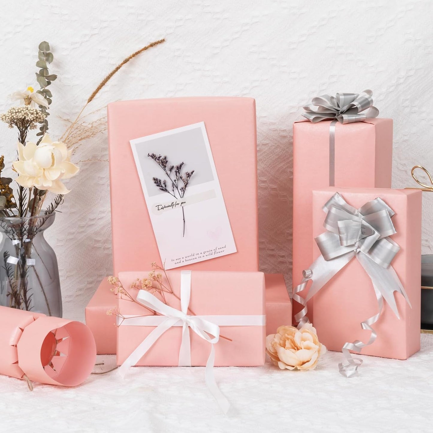 NESCCI Pink Matte Wrapping Paper,Solid Color Pearly-Lustre Paper,Gift Wrapping Paper,Perfect for Wedding,Valentine's Day,Birthday, Christmas,Baby Shower,DIY Bouquet (17 Inches X 32.8 Feet)
