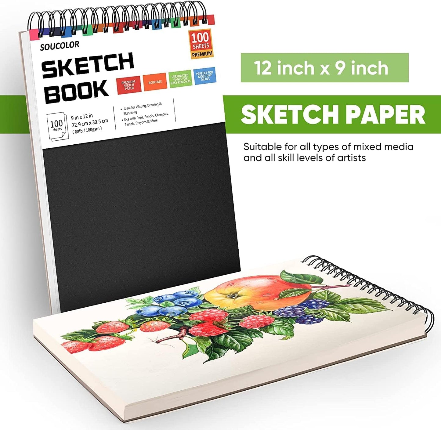 Professional Drawing Supplies for Sketch, Charcoal, Colored, Graphite, Pastel Pencils & Sticks. Soucolor 2-Pack 9" x 12" Sketch Book, 200 Sheets Spiral Bound 68lb/100gsm Paper for Kids Adults Artists