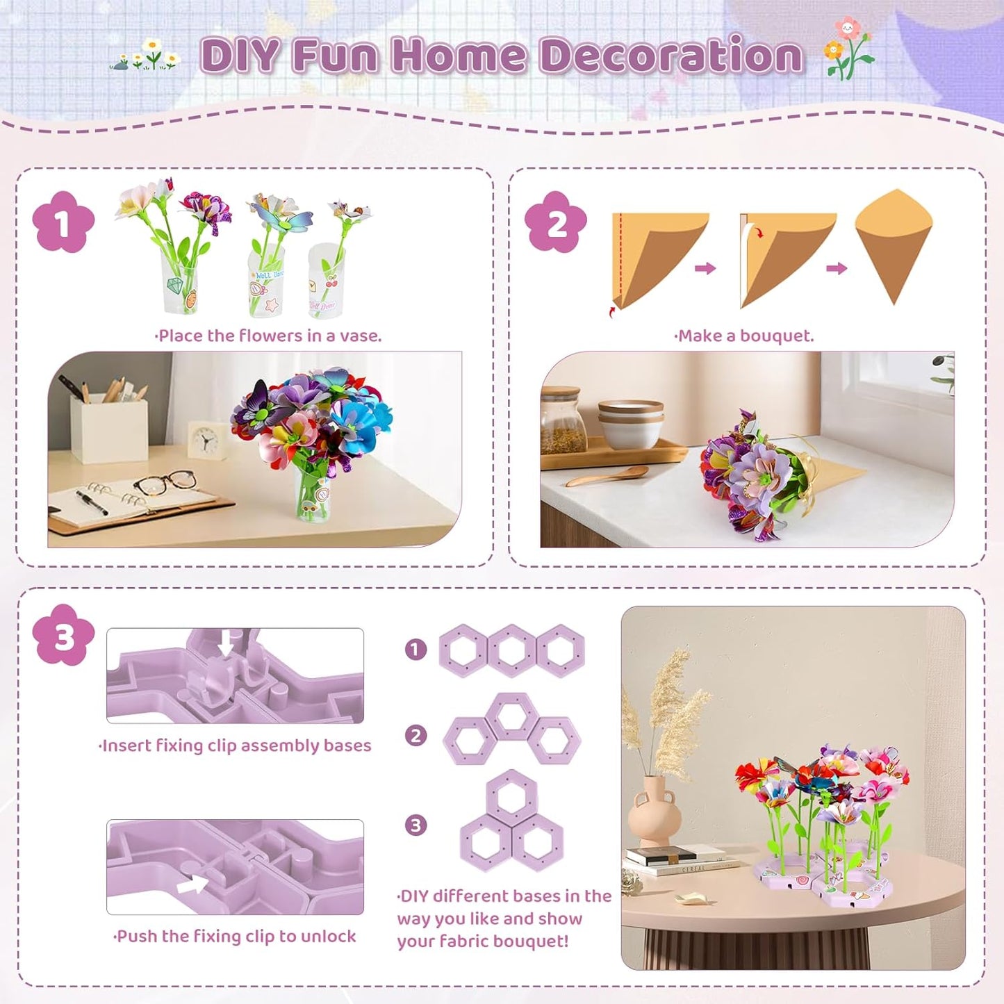 Bsgifts Fabric Flower Making Toys, DIY Flower Press Kits for Kids Ages 3-12, Creative Educational Activity Arts & Crafts Toys, Ideal Holiday Gifts for Preschool Kids, Pink