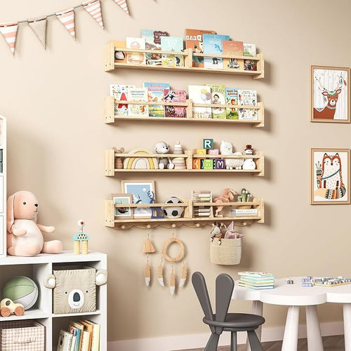 34Inch Nursery Bookshelves, Wall Floating Shelf Kids Coat Rack - Image 2