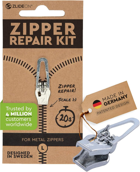 ZlideOn Zipper Pull Replacement - 1pcs, Silver, Normal (L) - Instant Zipper Replacement Slider for Metal Zippers