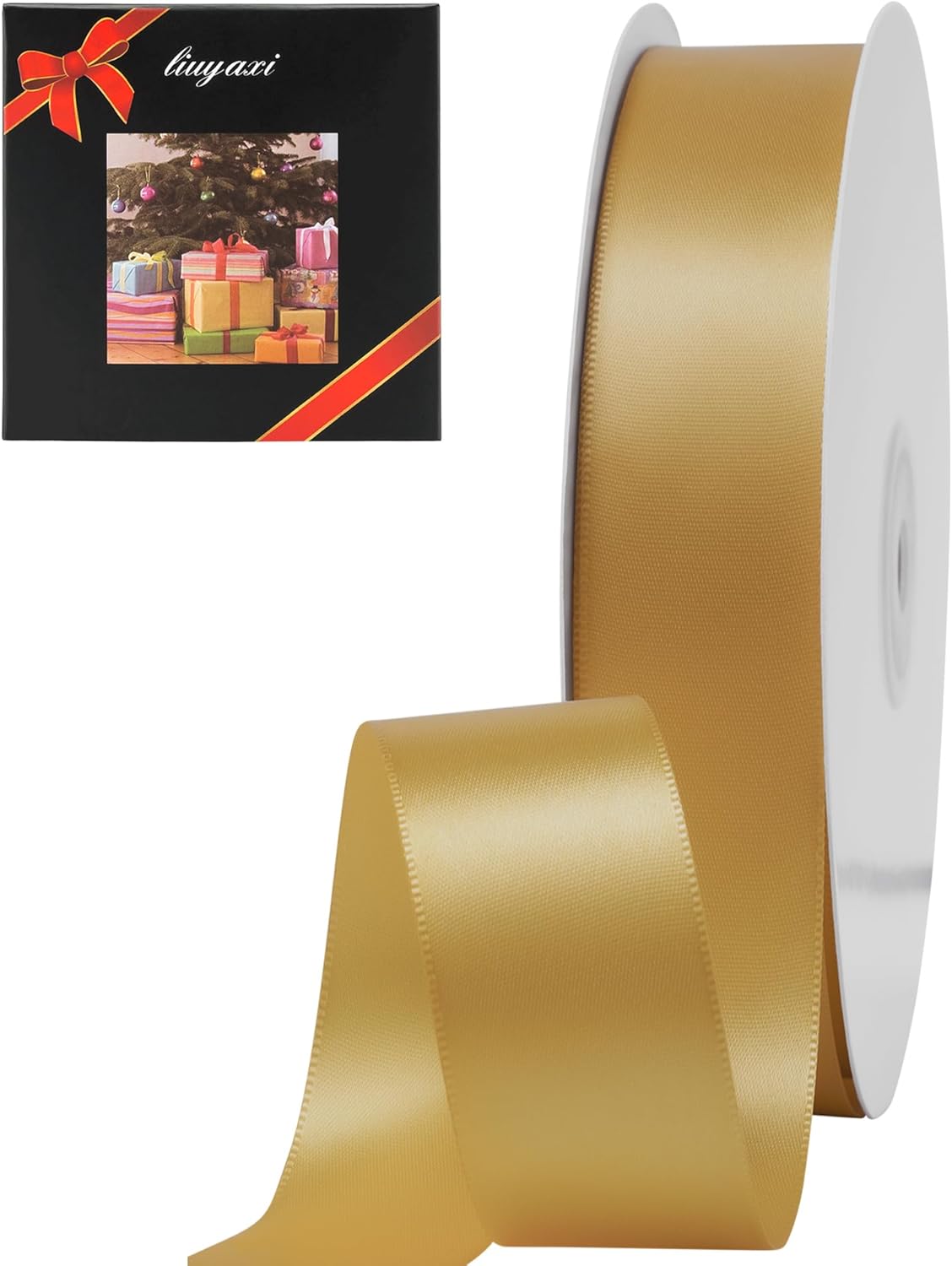 LIUYAXI Old Gold Double Faced Satin Ribbon, 1" X Continuous 50 Yards, Ribbons Perfect for Gift Wrapping Wedding Bouquet Decor DIY Craft Bow Making & Other Projects