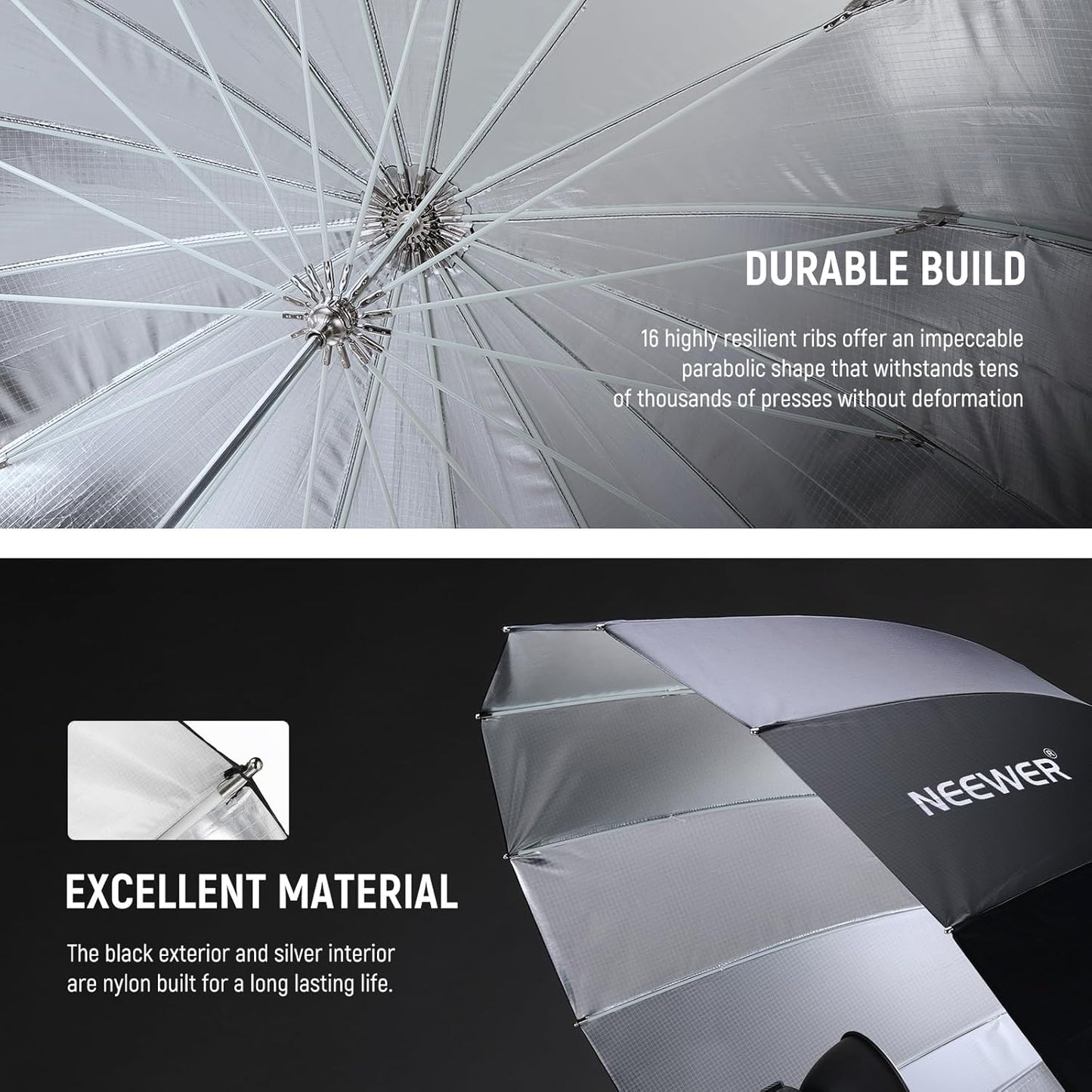 NEEWER 65"/165cm Parabolic Reflective Umbrella Photography with Silver Inner, Soft Lighting with Diffuser Cover, Bag, Quick Fold for Camera Photo Studio Video Light Shooting Monolight Flash, NS3U