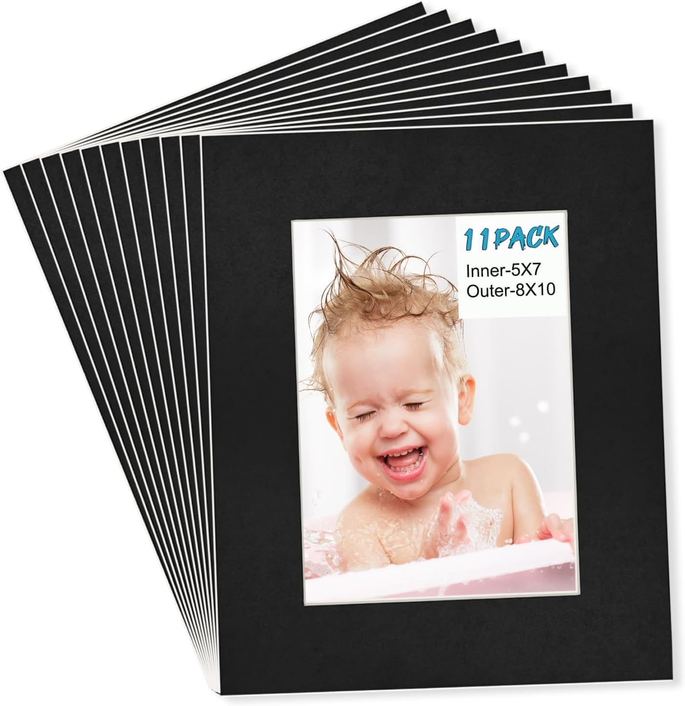 Egofine 8x10 Black Picture Mats Pack of 11, Frame Mattes for 5x7 Pictures, Acid Free, 1.2mm Thickness, with Core Bevel Cut
