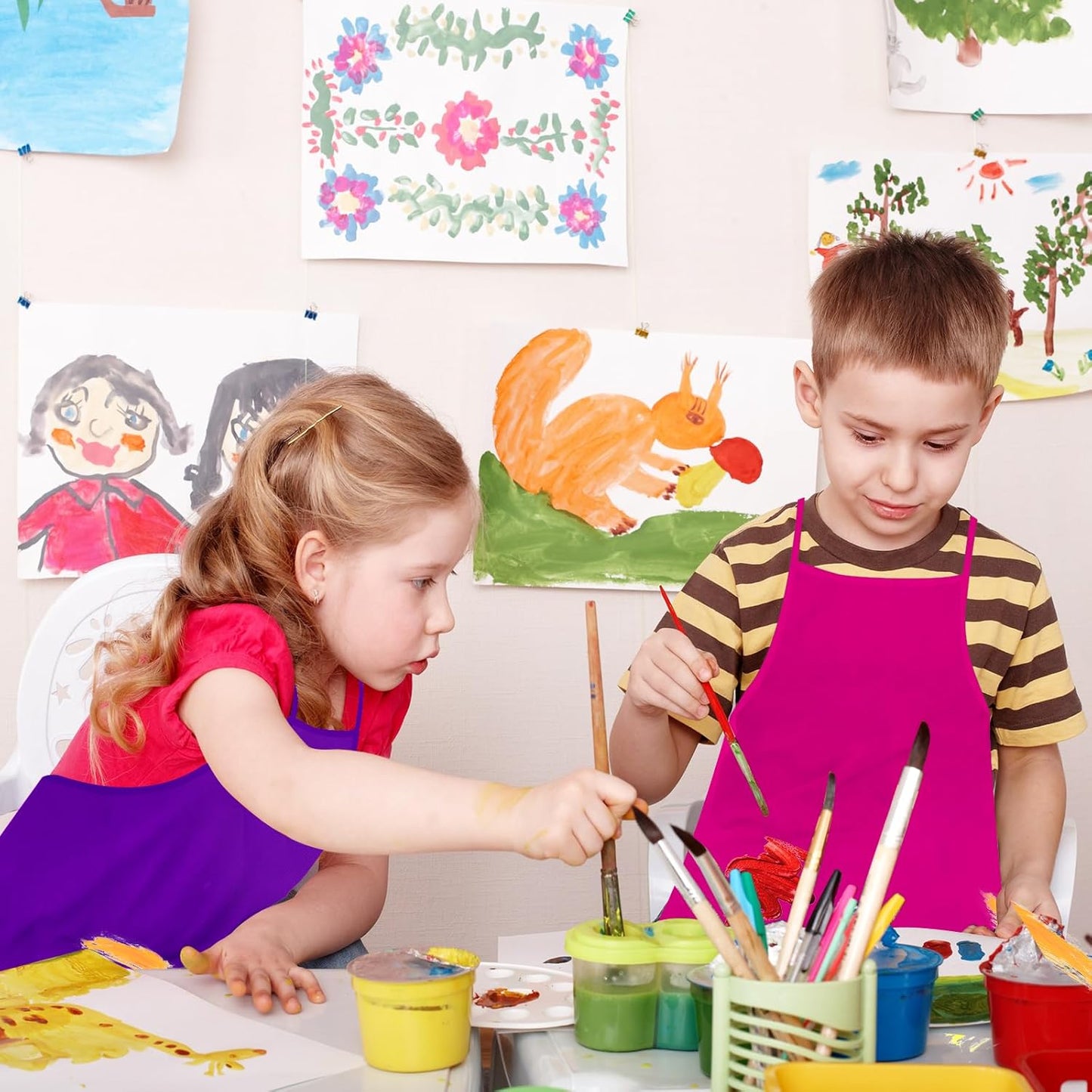 PLULON 4 Pcs Kids Apron Painting Aprons, Kids Aprons for Painting Art Apron Smocks Bulk for Art Activity Craft Home Kitchen Classroom Party Supplies (Red, Blue, Rose Red, White)