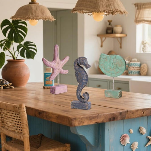 3pcs Wood Handmade Beach Nautical Style Figurines Starfish/Conch/Seahorse - Image 2