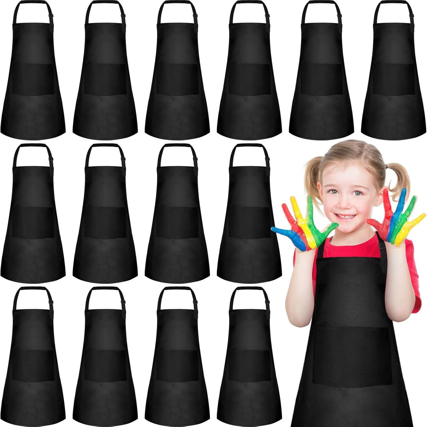PLULON 12 Pcs Kids Apron Adjustable Kids Chef Apron Set with 2 Pocket for Painting Cooking Baking Grilling Crafting (Black)