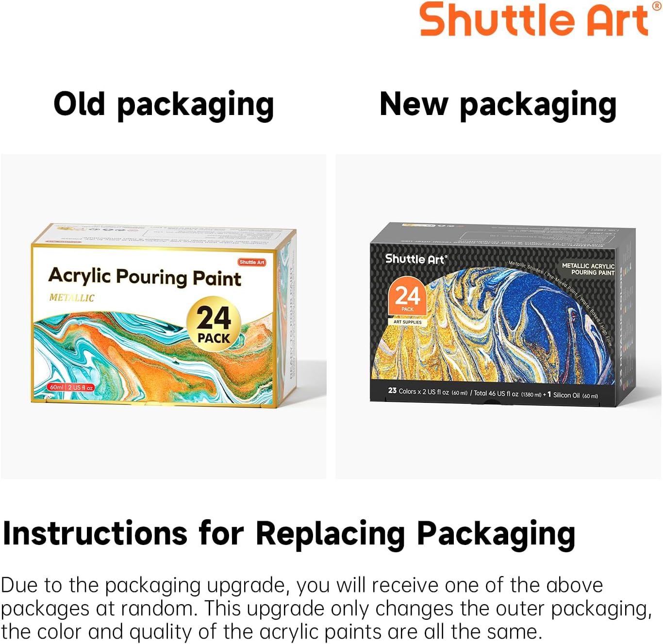 24 Pack Metallic Acrylic Pouring Paint, Shuttle Art 23 Metallic Colors Ready-to-pour Acrylic Paint with 1 Silicon Oil, 60ml/2oz Each, Rich Pigment, High Flow Pouring Paint Set for Canvas, Rock, Ceramic, Wood