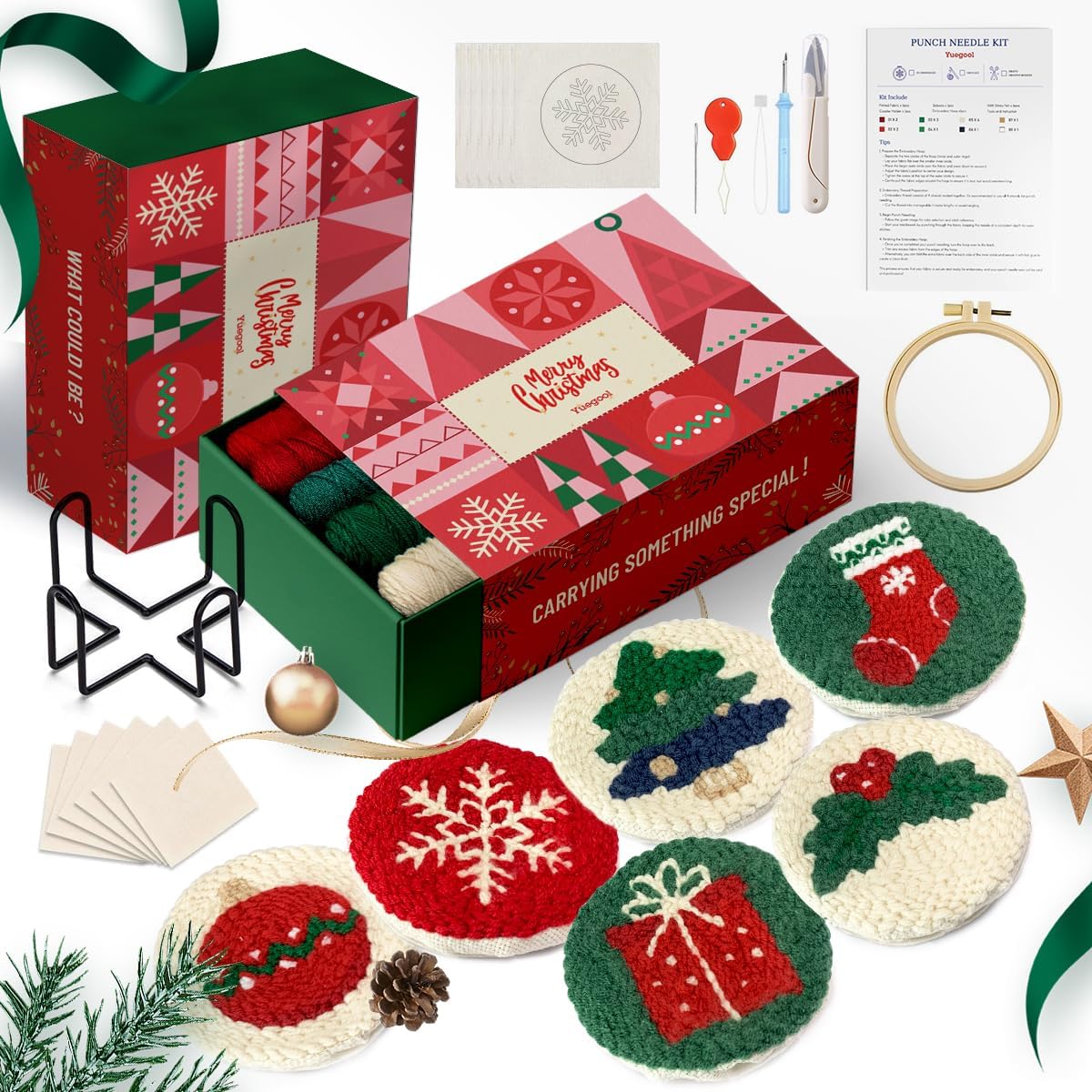 yuegool 6PCS Christmas Punch Needle Coasters Kit,Easy DIY Punch Needle Embroidery Kit for Beginners Adults Kids Including Patterns, Tools, Yarns, Hoop, Instruction, Coaster Holder Art Craft Supplies