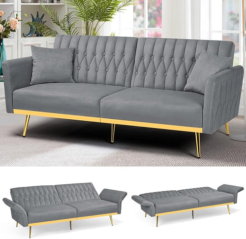 70” Velvet Futon Sofa Bed with 2 Pillows and Adjustable Armrests, Convertible by ACMEASE